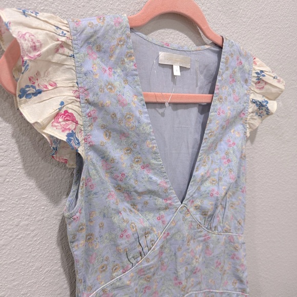 LoveShackFancy NWOT Arthur Baby Blue Skies Floral Flutter Sleeve Mini Dress Sz 0 - Picture 7 of 11